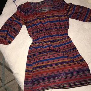Aztec Print Stripe 3/4 Sleeve Mini Dress Sinched